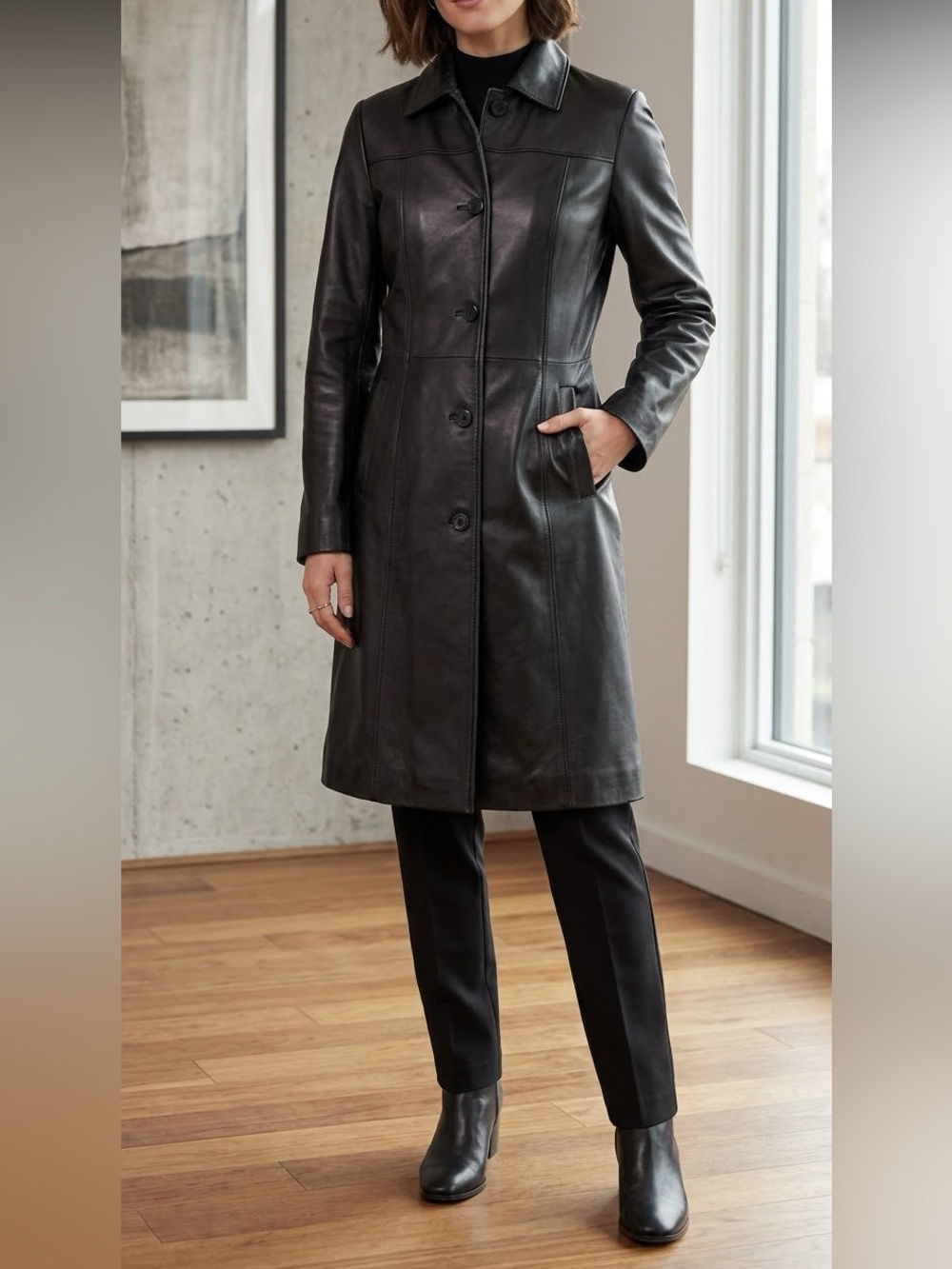 Danier Canada Sz XS Insulated Genuine  Leather Trench Coat Black